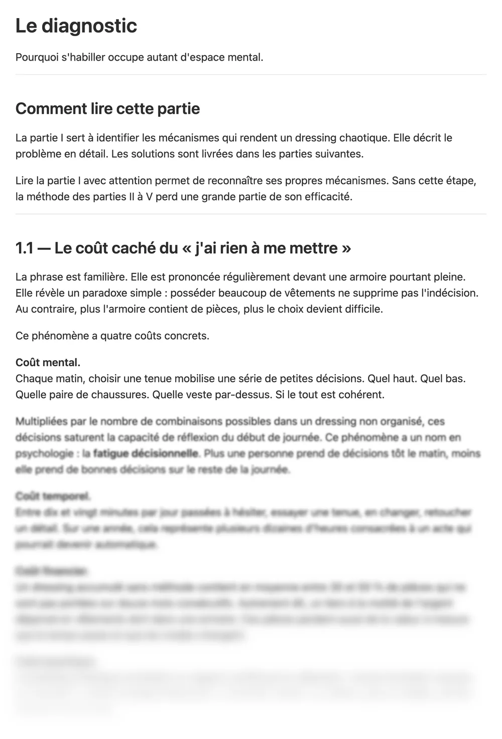 Extrait du manuel sur Notion : début de la partie I, Le diagnostic, la suite floutée.